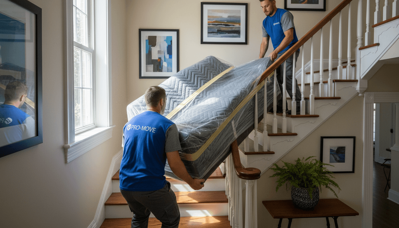 Transit Tales Relocators Inc team carefully moving furniture up residential stairs with protective wrapping
