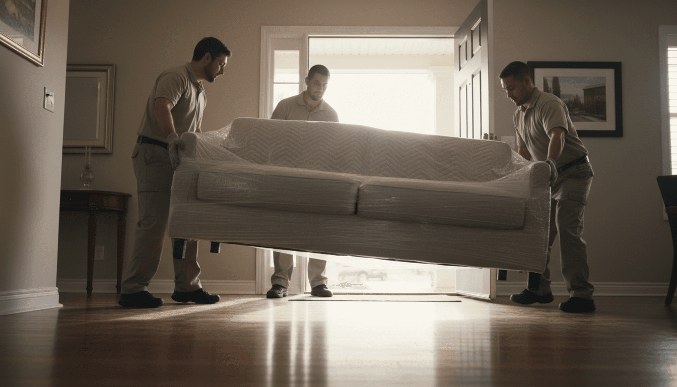 Professional movers carefully carrying wrapped furniture through a doorway