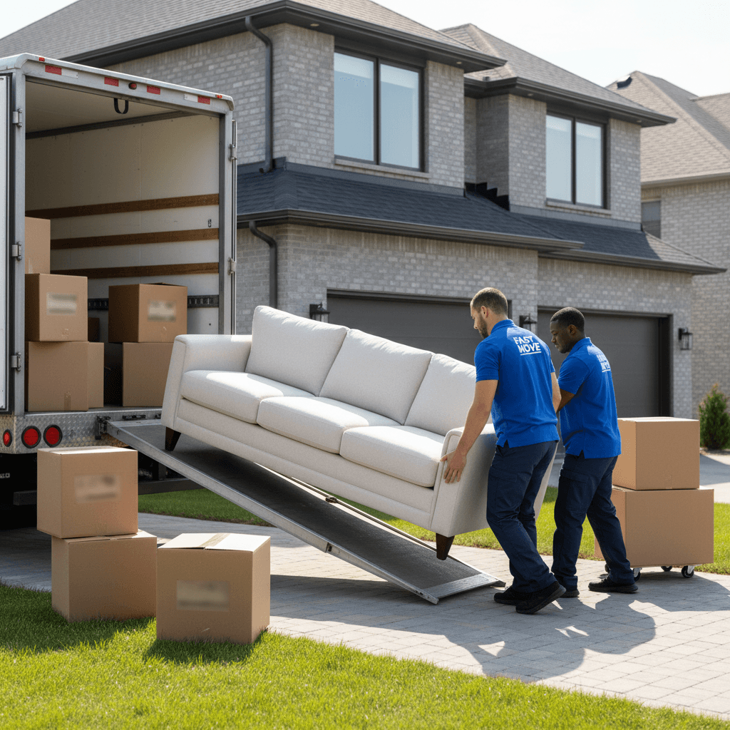 Moving team unloading furniture and boxes safely at customer's new home