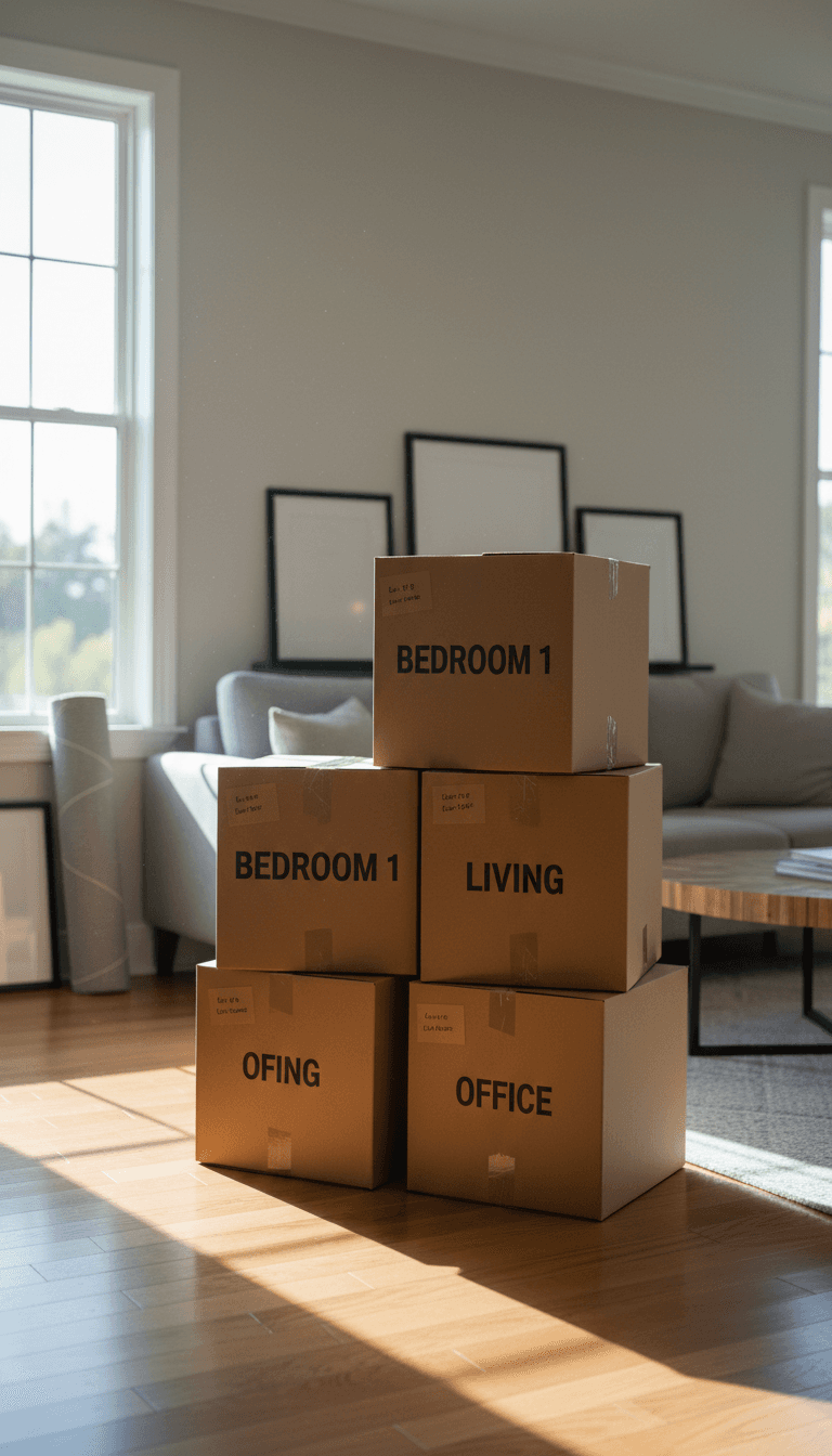 Packed moving boxes organized and labeled in home