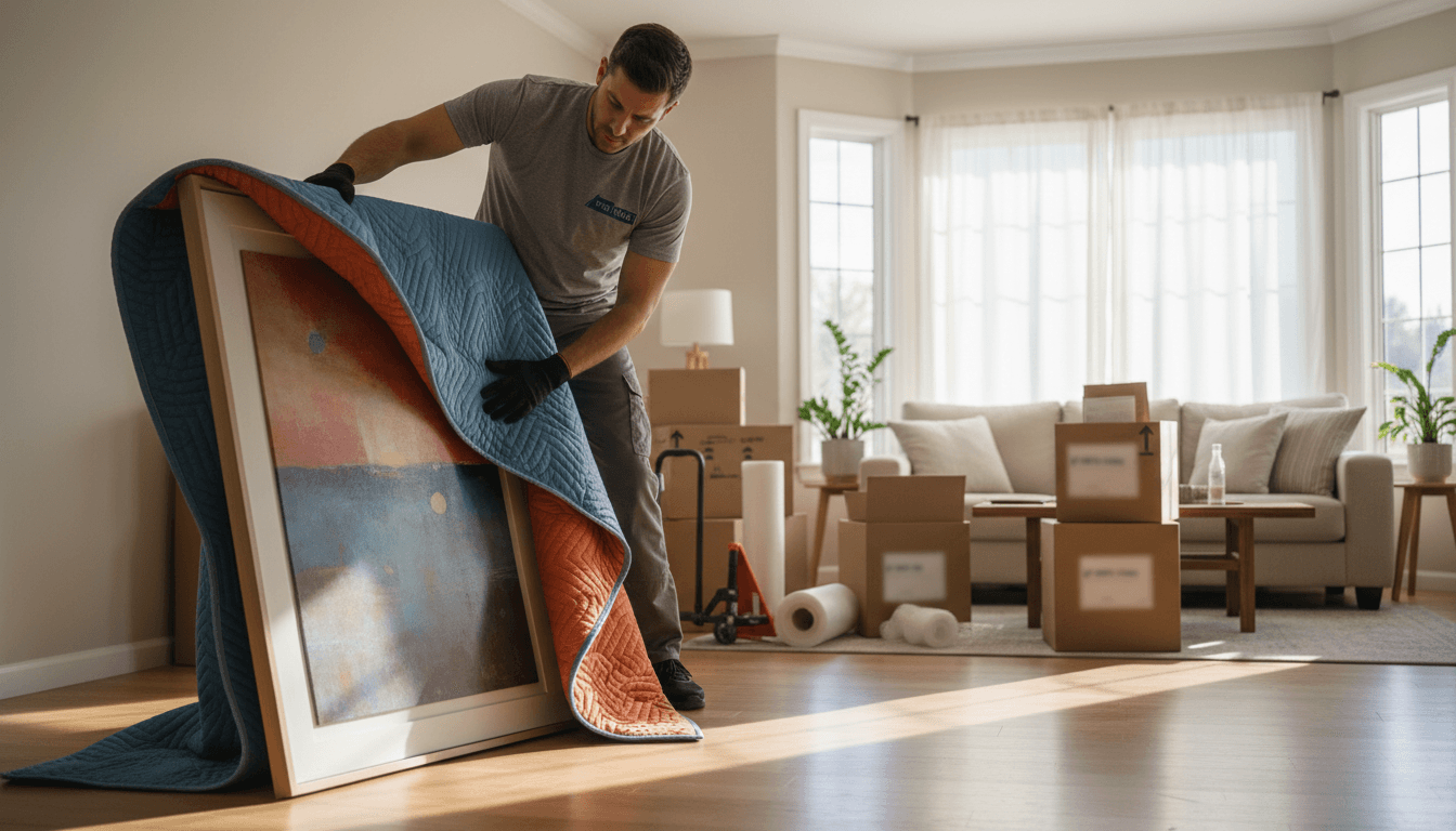 Professional mover carefully wrapping artwork in protective blankets