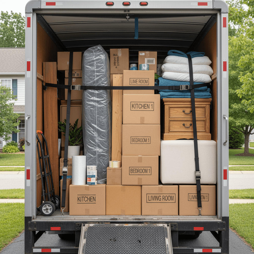 Fully loaded moving truck showing organized packing