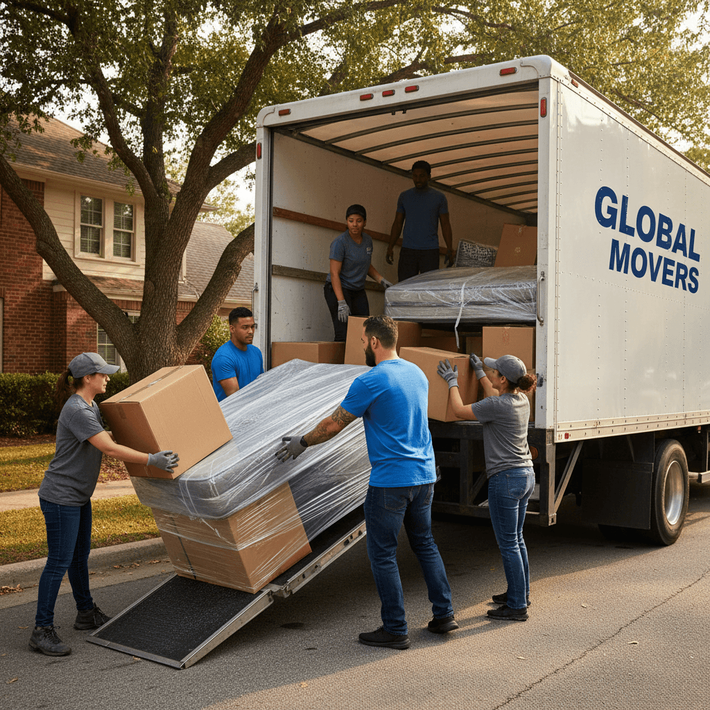 Moving crew loading boxes into Transit Tales truck