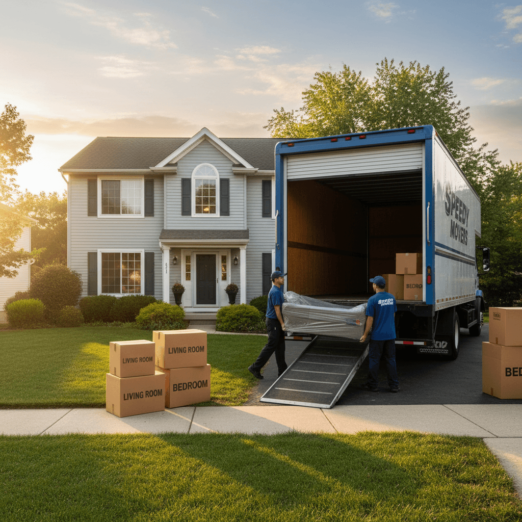 Transit Tales moving truck at residential property prepared for loading
