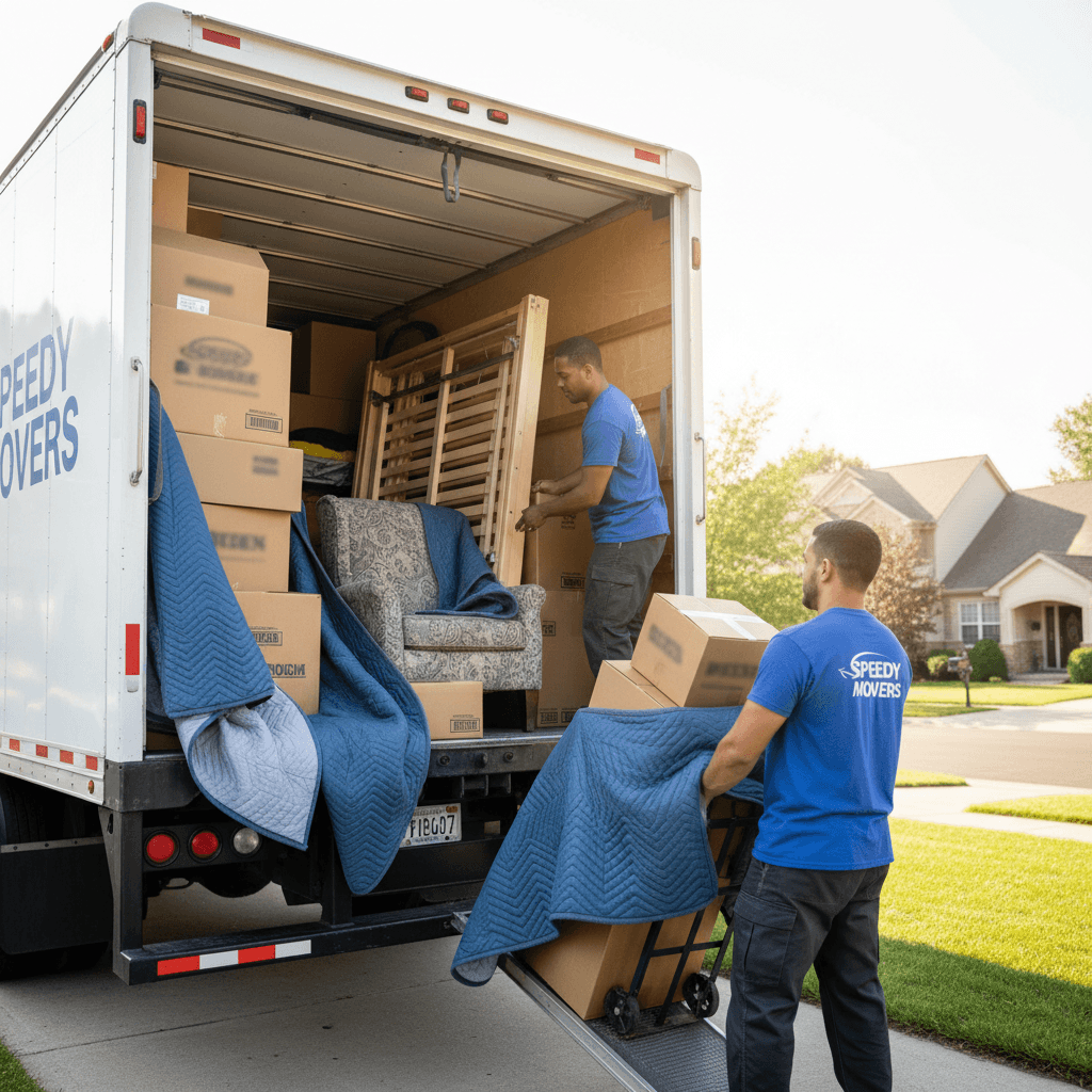 Professional moving crew loading boxes and furniture into moving truck with care