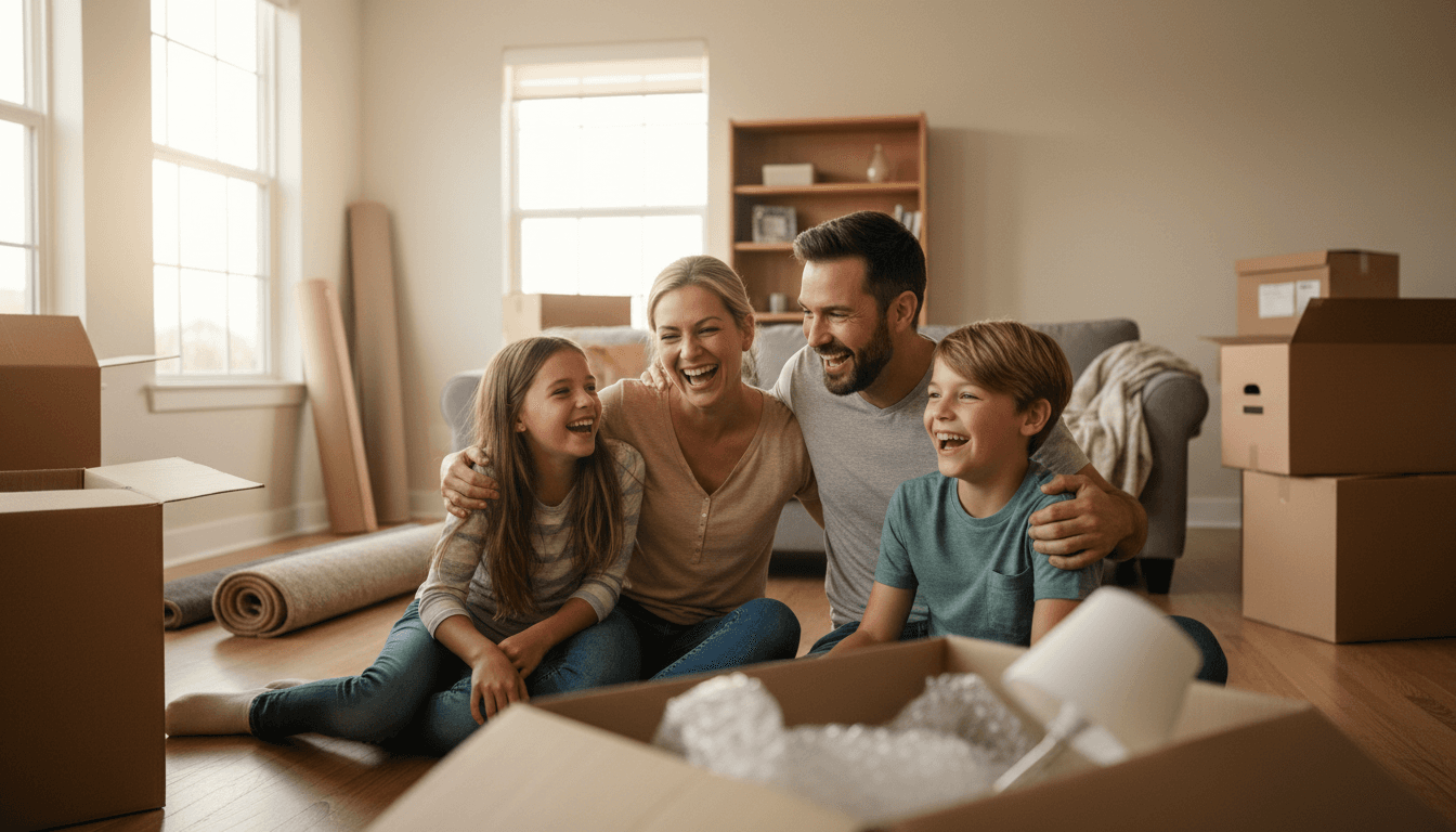 Happy family in their new home after moving with Transit Tales Relocators Inc