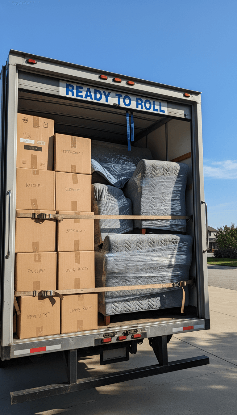 Organized interior of moving truck with packed boxes and protected furniture