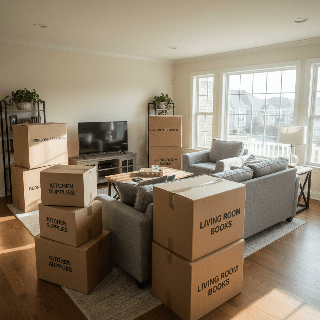 Final setup showing organized placement of boxes and furniture in new home