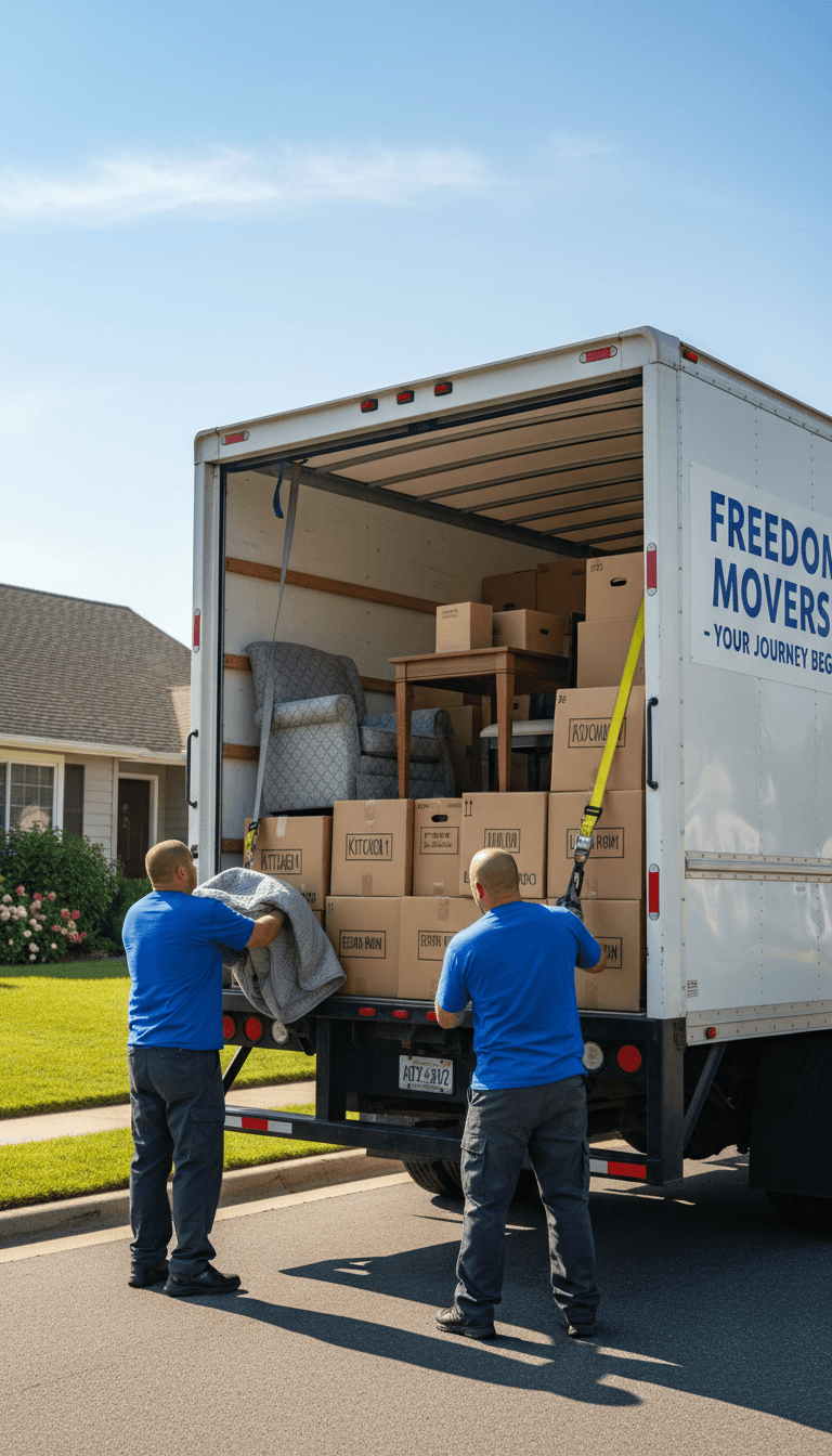 Organized moving truck loaded with furniture and packed boxes