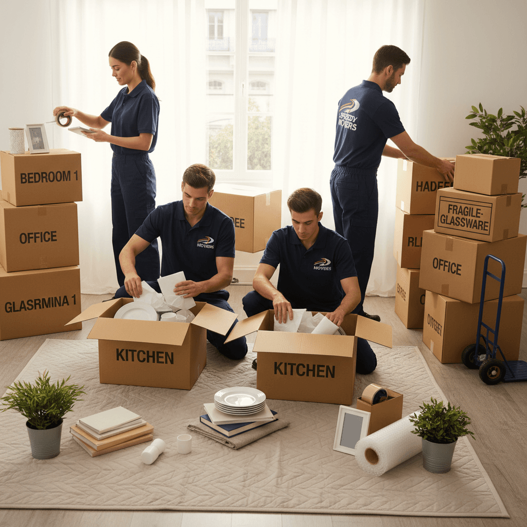 Professional moving team packing items with care and organization
