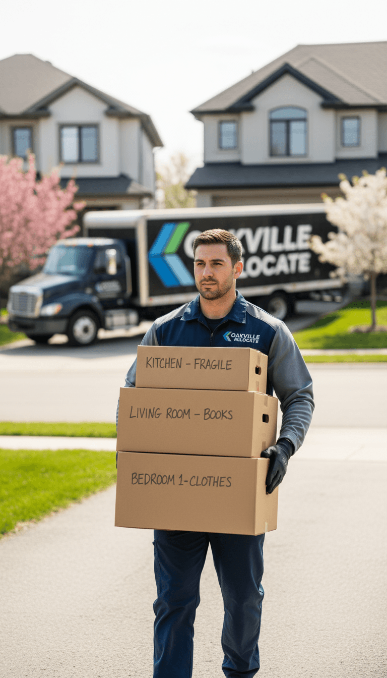 Mover in uniform holding a packed box in a well-lit residential hallway