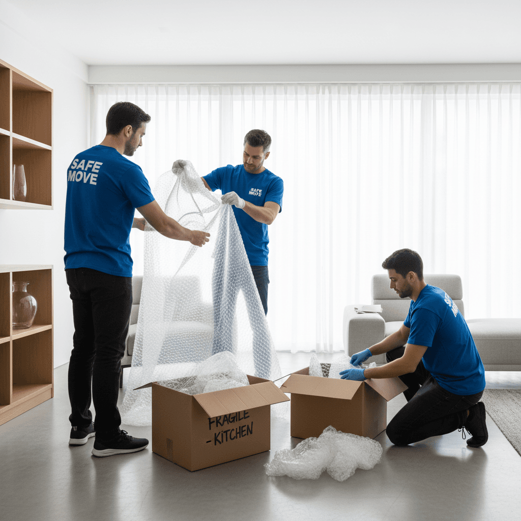Movers carefully wrapping and packing fragile items for protection during move