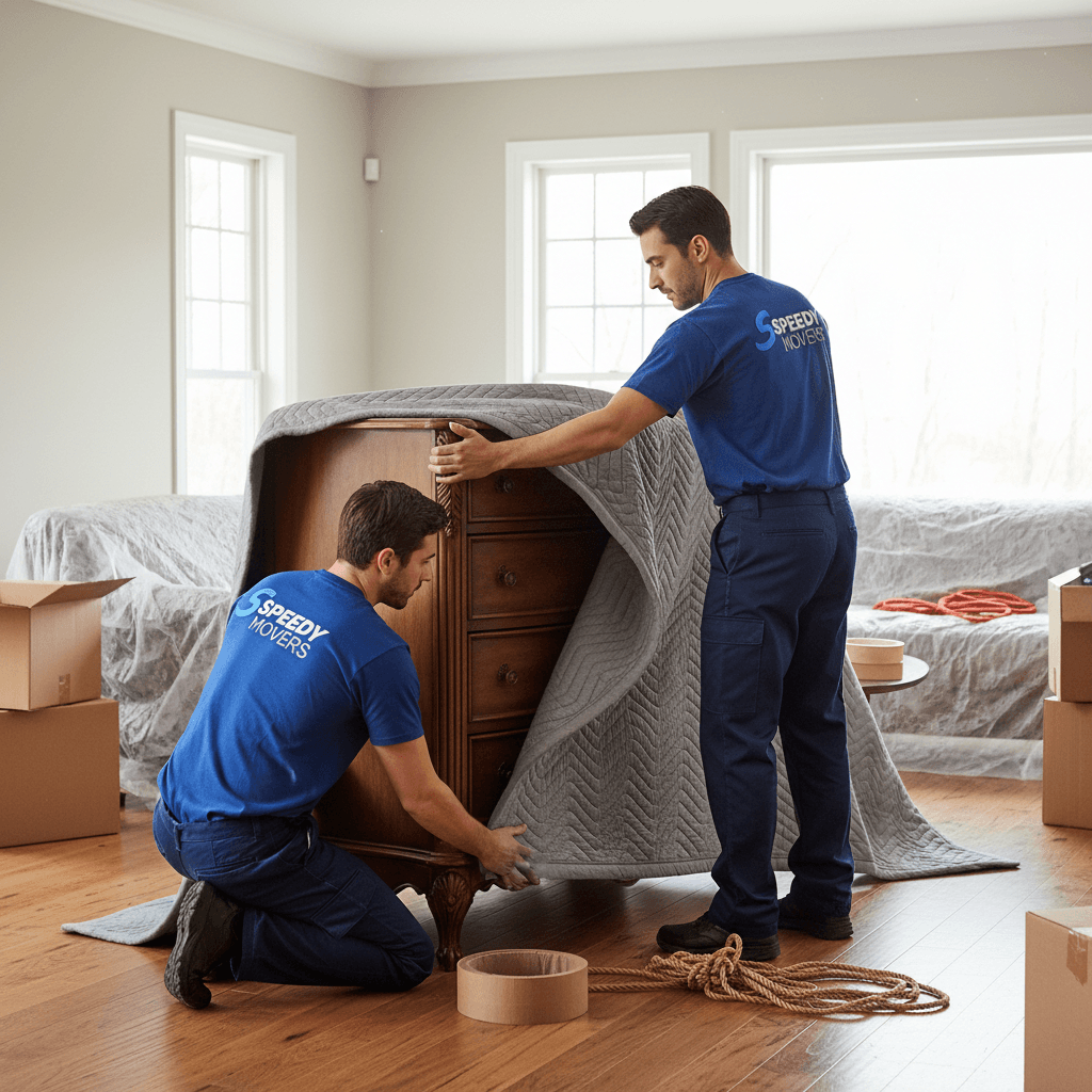 Professional movers wrapping furniture with protective blankets