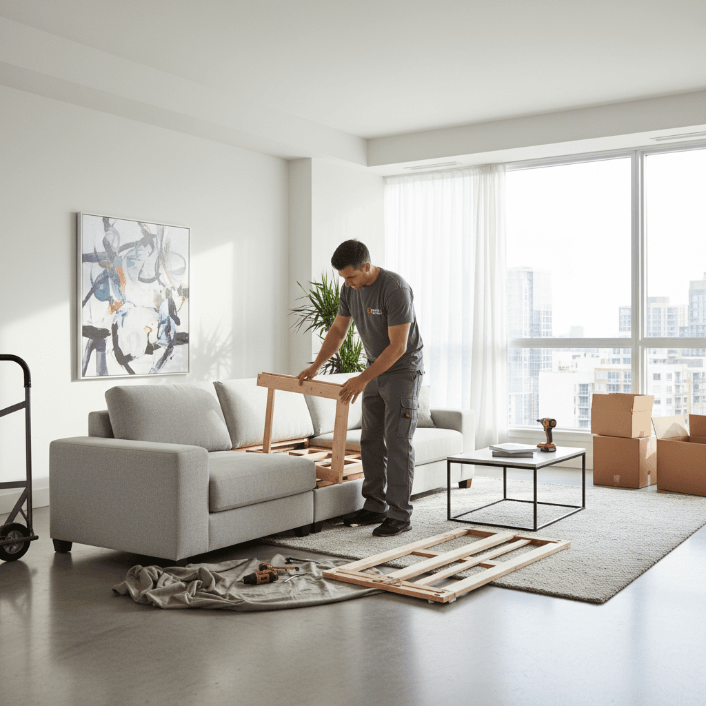 Mover assembling furniture and setting up rooms at new residence
