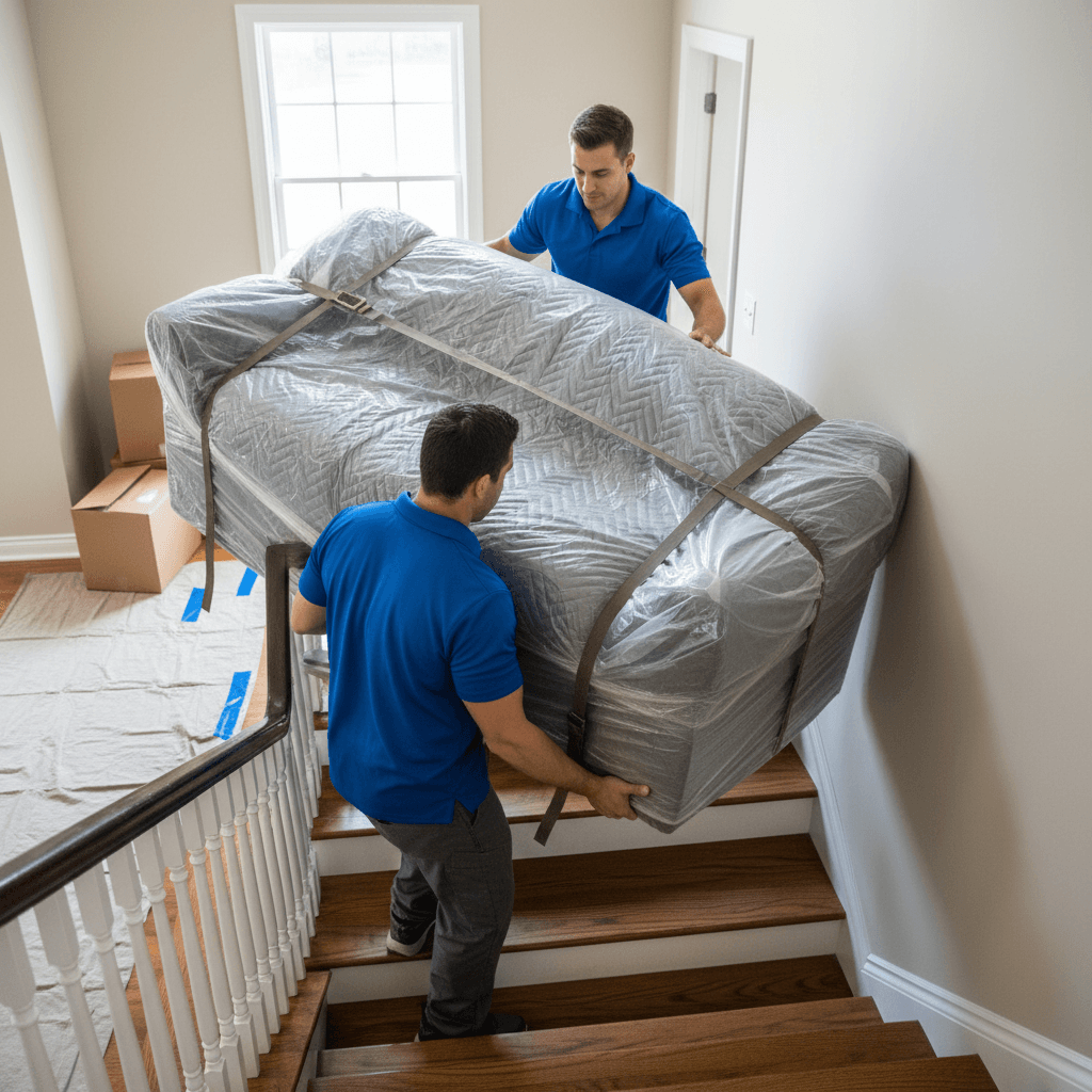 Movers transporting large furniture down stairs safely
