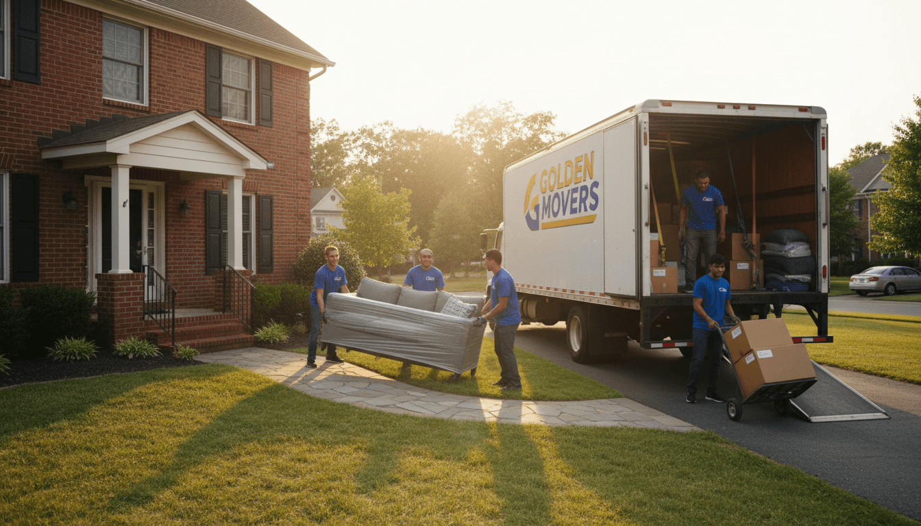 Professional movers loading furniture into moving truck