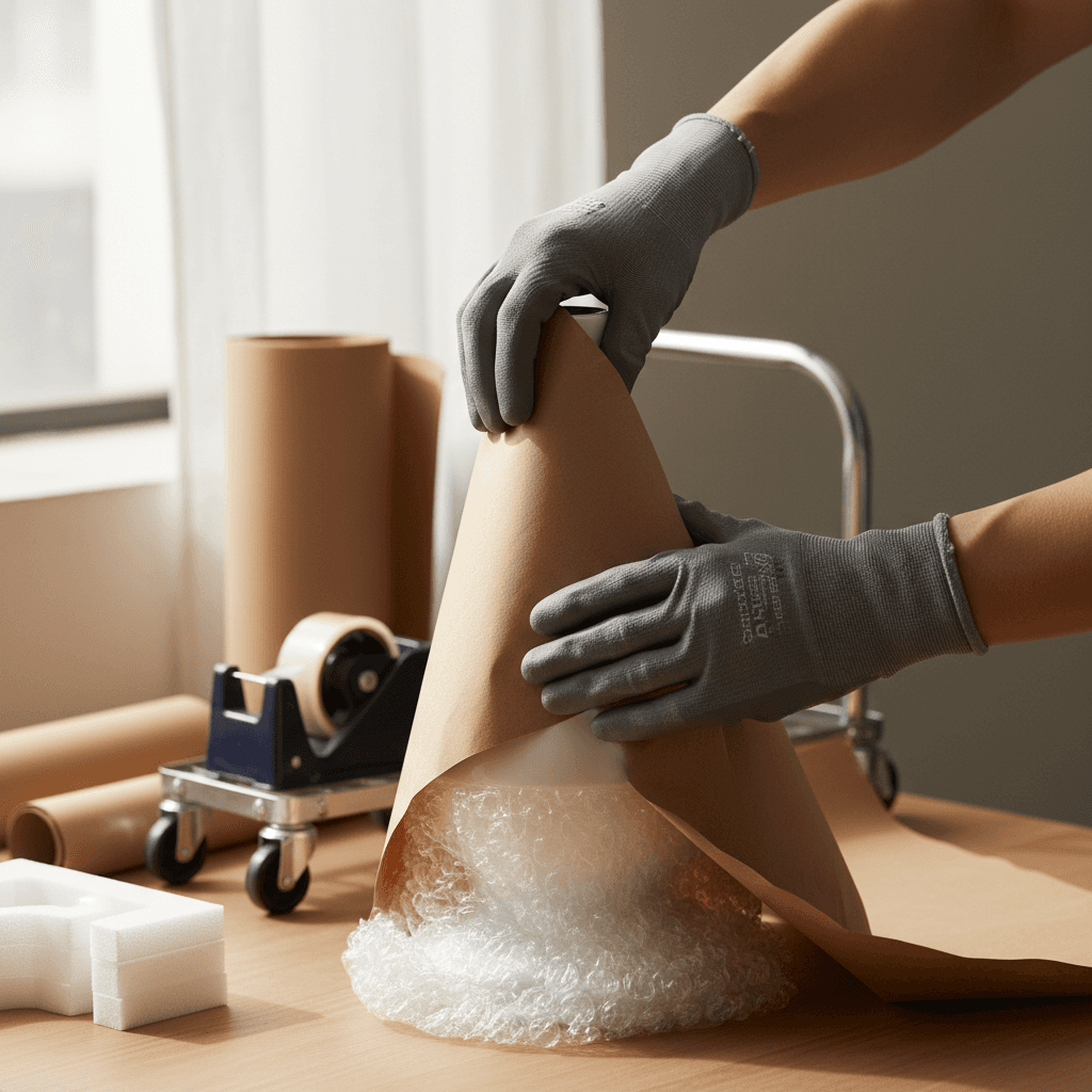 Professional hands carefully wrapping fragile items for protection