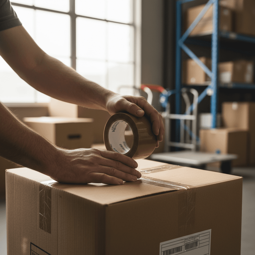Close-up of mover securing packed boxes with tape