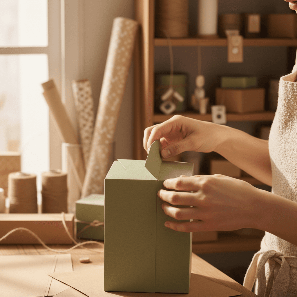 Hands carefully wrapping a ceramic bowl with protective packing paper at a packing station