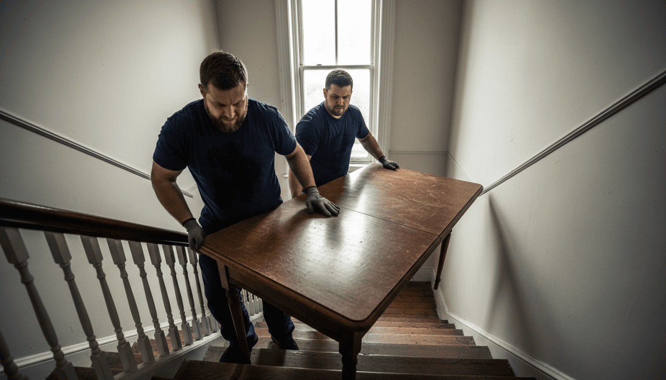 Professional movers carefully transporting furniture down stairs in Milton home
