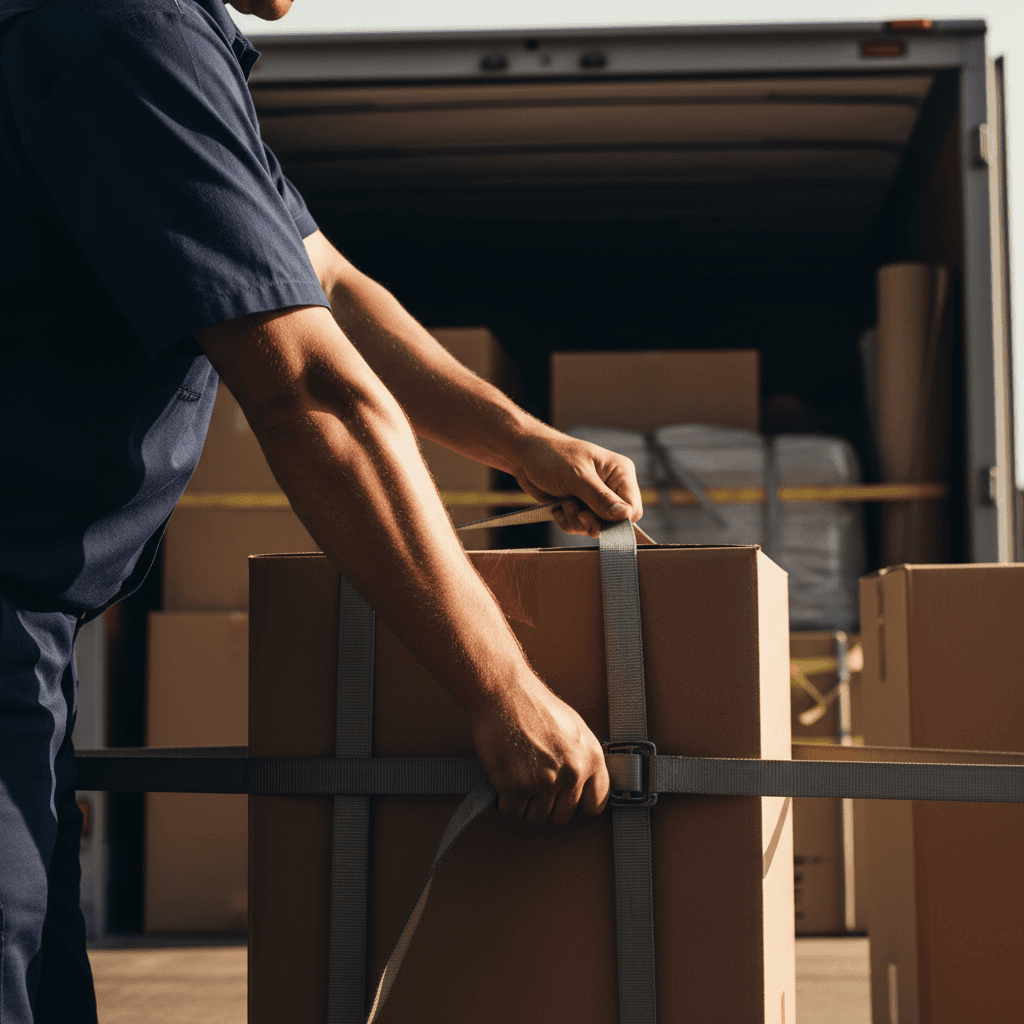 Professional movers carefully loading furniture into moving truck