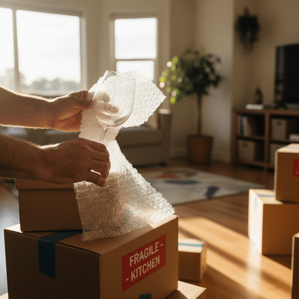 Close-up of mover carefully wrapping valuables with attention to detail