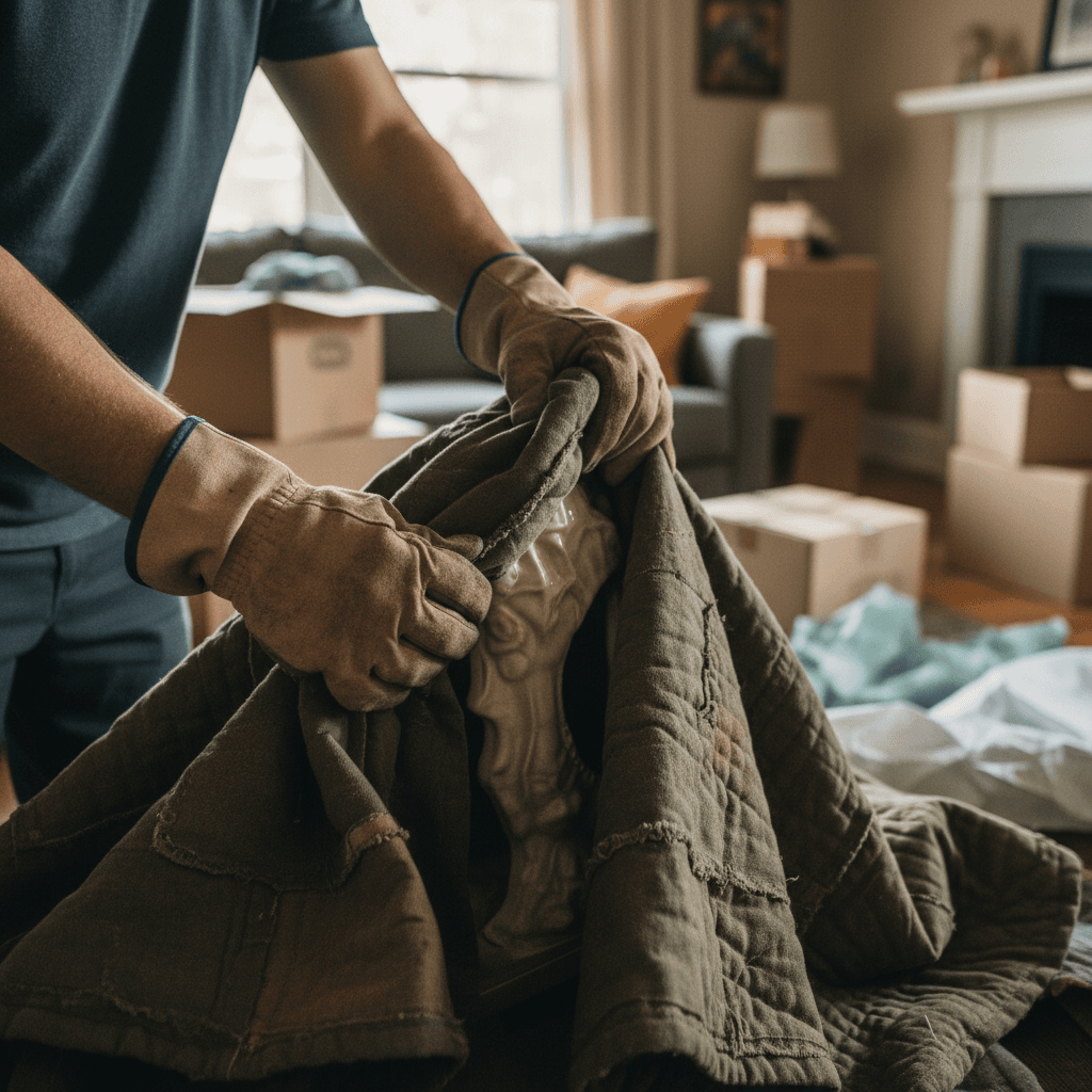 Gloved hands carefully wrapping and protecting a framed artwork with protective materials